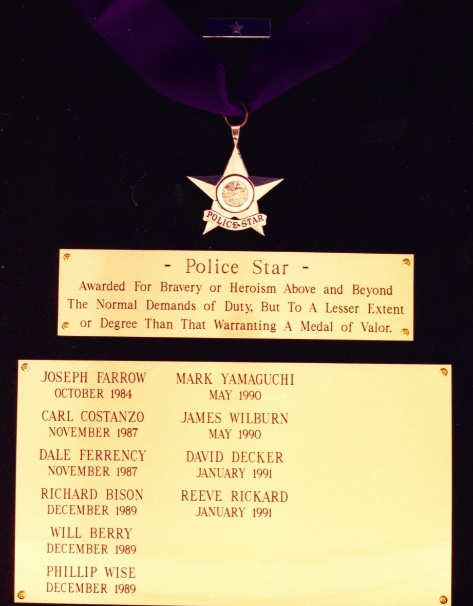 The Burbank Police Star award medal inscribed with Richard Bison, December 1989